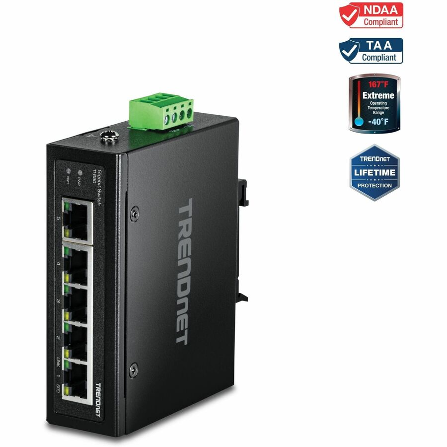 TRENDnet 5-Port Industrial Gigabit Ethernet DIN-Rail Switch, TI-G50, 5 x Gigabit Ethernet Ports, IP50 Rated, 10Gbps Switching Capacity, NDAA TAA Compliant, Lifetime Protection