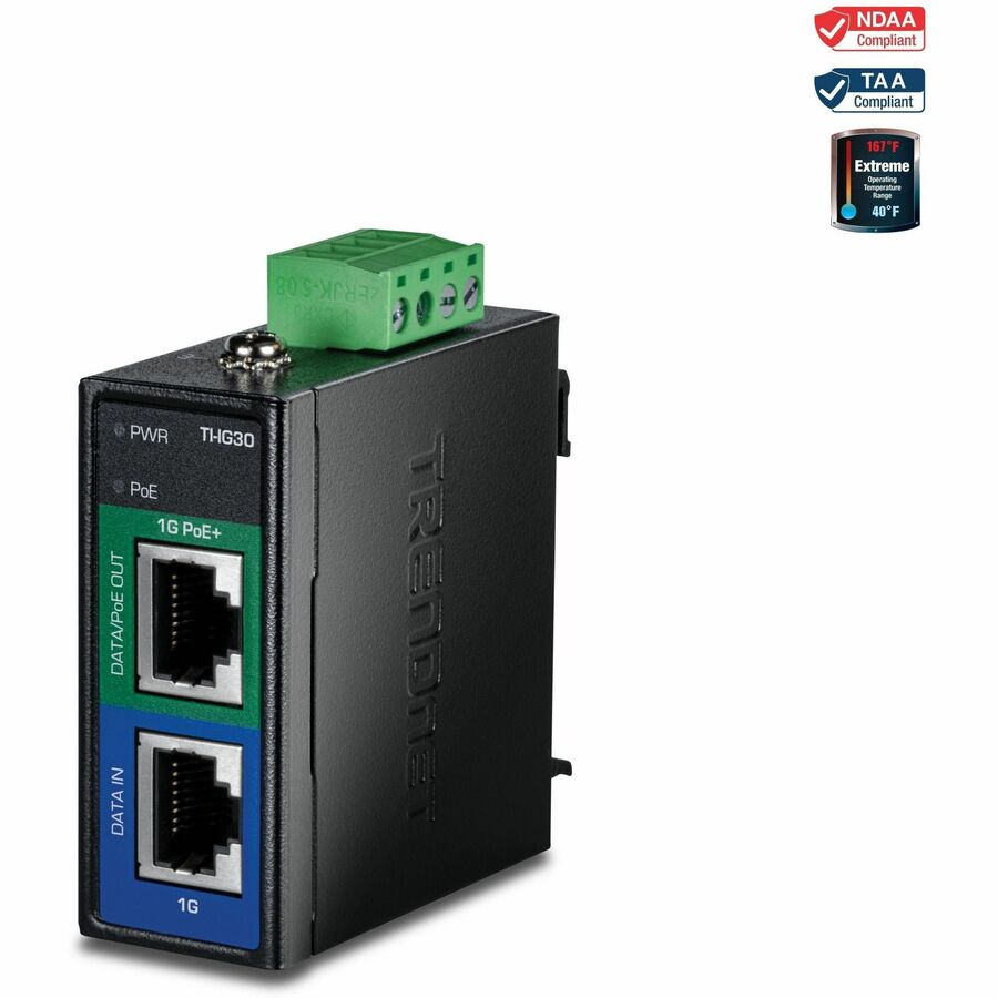 TRENDnet Industrial 30W Gigabit PoE+ Injector, TI-IG30, 1 x Gigabit Port, 1 x Gigabit PoE+ Port, Provides PoE (15.4W) or PoE+ (30W) Power, NDAA & TAA Compliant