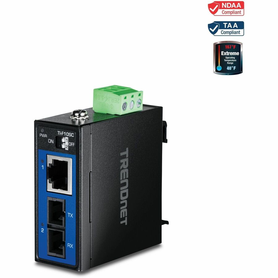 TRENDnet Industrial 100Base-FX Multi-Mode SC Fiber Converter (2 km, 1.24 mi.), TI-F10SC, Hardened IP50 Rated 100Base-T Ethernet to 100Base-FX Converter, NDAA & TAA Compliant