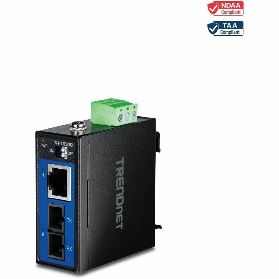 TRENDnet Industrial 100Base-FX Single-Mode SC Fiber Converter (30 km, 18.6 mi.), TI-F10S30, Hardened IP50 Rated 100Base-T Ethernet to 100Base-FX Converter, NDAA & TAA Compliant