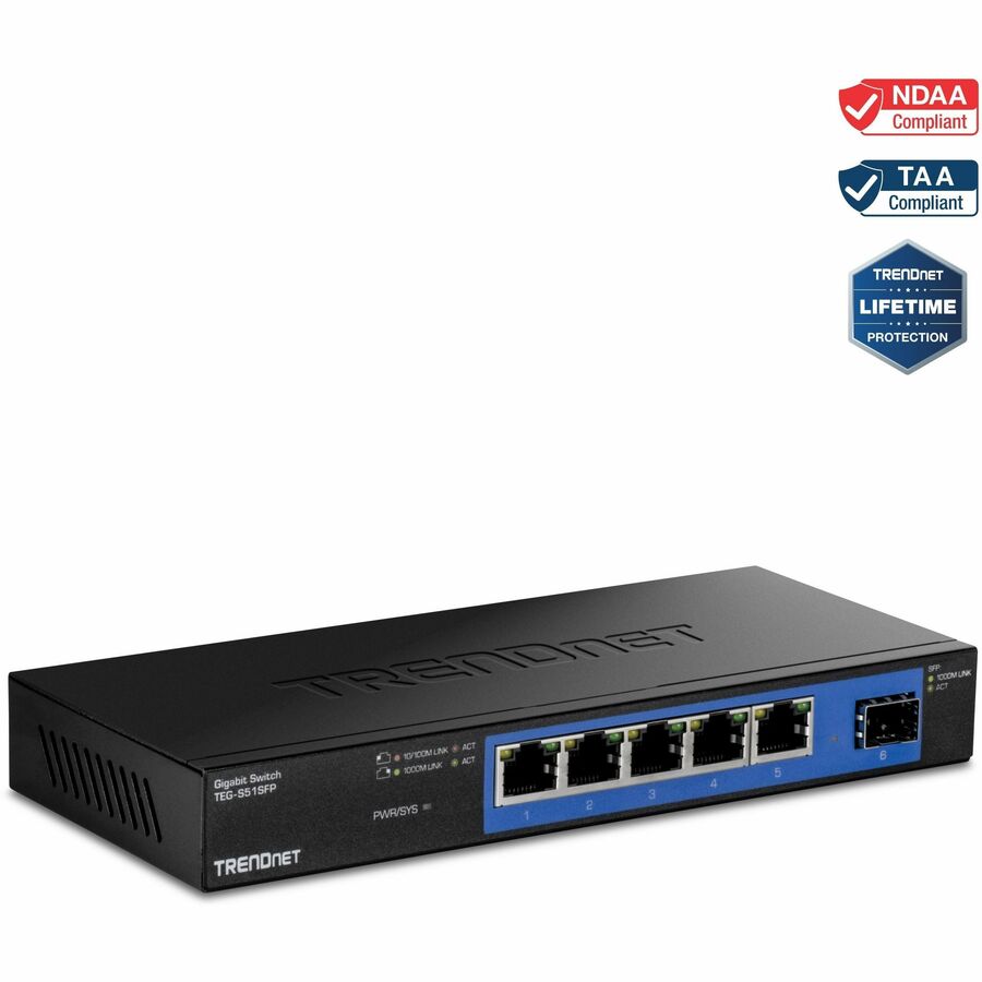 TRENDnet TEG-S51SFP, 5-Port Gigabit Compact Metal Desktop Switch with Gigabit SFP Slot, Fanless Design, Wall Mountable