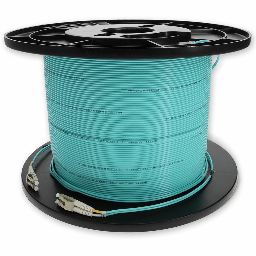AddOn 100m LC to LC Aqua OM3 Duplex OFNR (Riser-Rated) MMF (Multi Mode) Fiber Patch Cable, 50/125