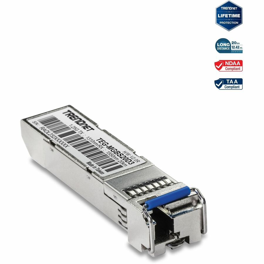 TRENDnet SFP to RJ45 Dual Wavelength Single-Mode LC Module; TEG-MGBS20D3; Must Pair w/ TEG-MGBS20D5 or a Compatible Module; Up to 20 km (12.4 miles); Bi-Directional (WDM) SFP; Lifetime Protection