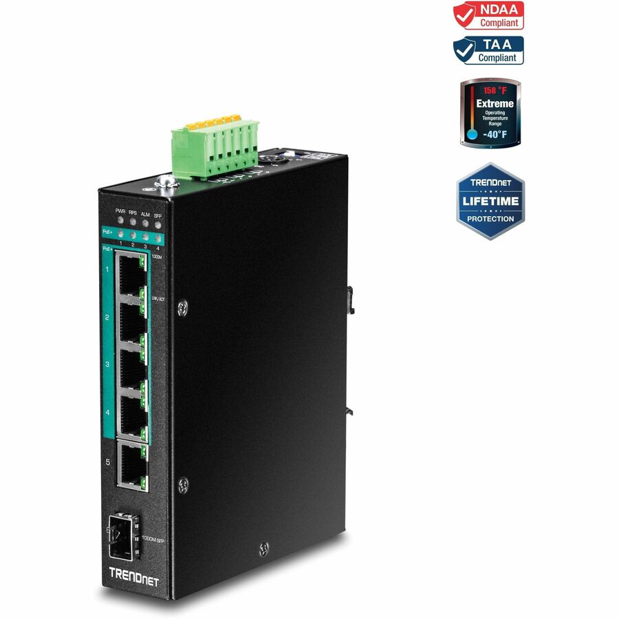 TRENDnet 6-Port Hardened Industrial Gigabit Poe+ Layer 2 Managed DIN-Rail Switch, 4 x Gigabit PoE+ 802.3at Ports, 1 x Gigabit Port, 1 x Gigabit SFP Slot, 120W Power Budget, Black, TI-PG541i