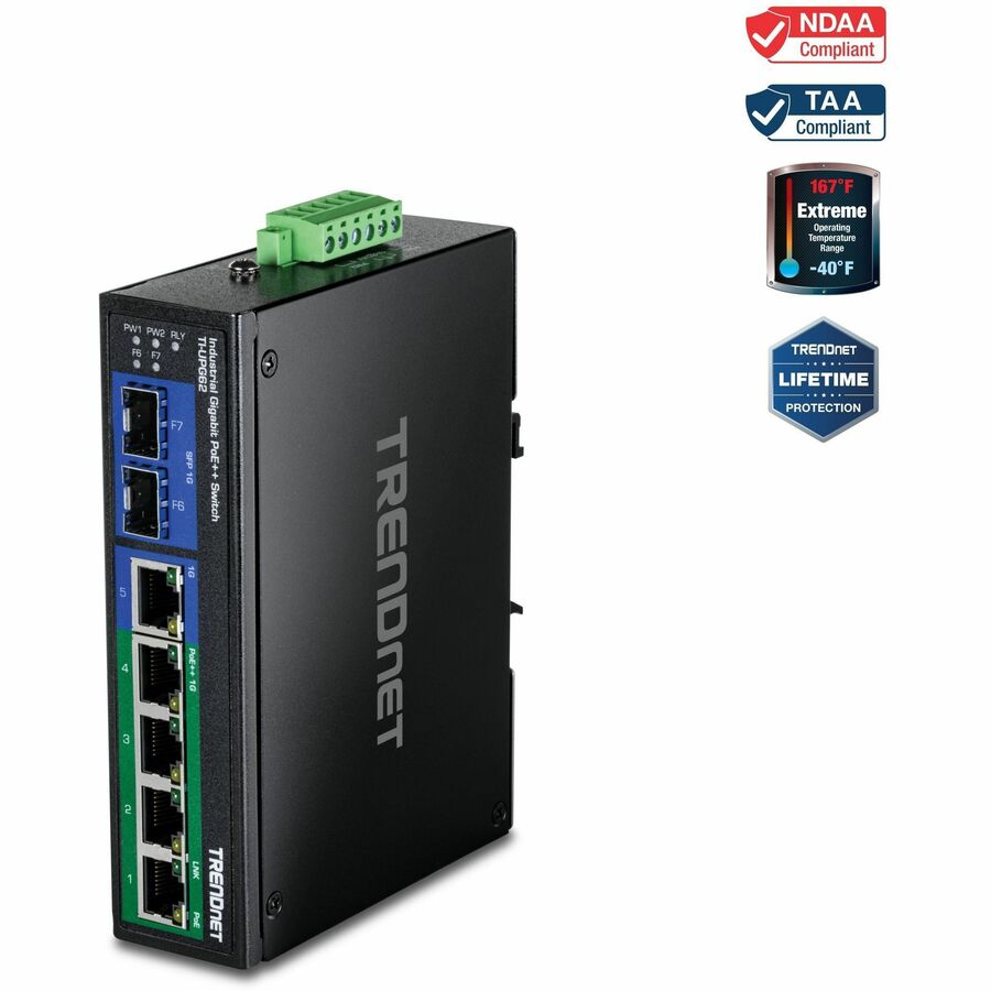 TRENDnet 7-Port Industrial Gigabit PoE++ DIN-Rail Switch, TI-UPG62, 240W Power Budget, 14Gbps Switching Capacity, IP50 Rated Housing, NDAA & TAA Compliant, Lifetime Manufacturer Protection