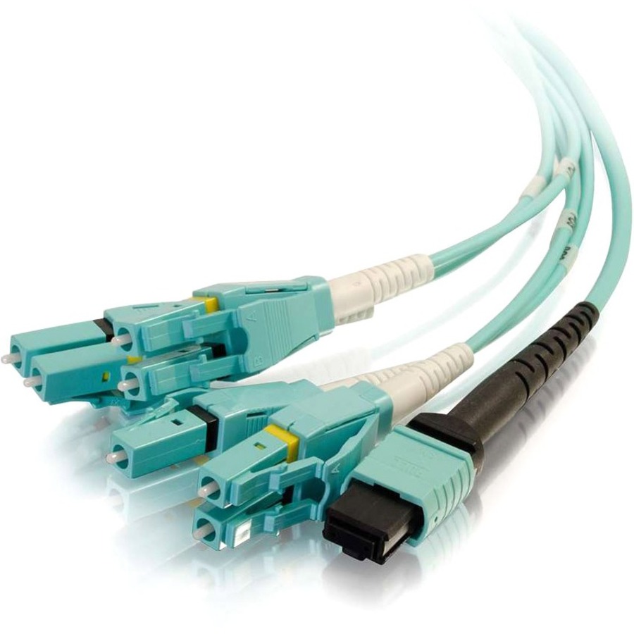 C2G 3m MPO to 4 Duplex LC Fiber Breakout Cable OM4 Riser Rated (OFNR) - Aqua