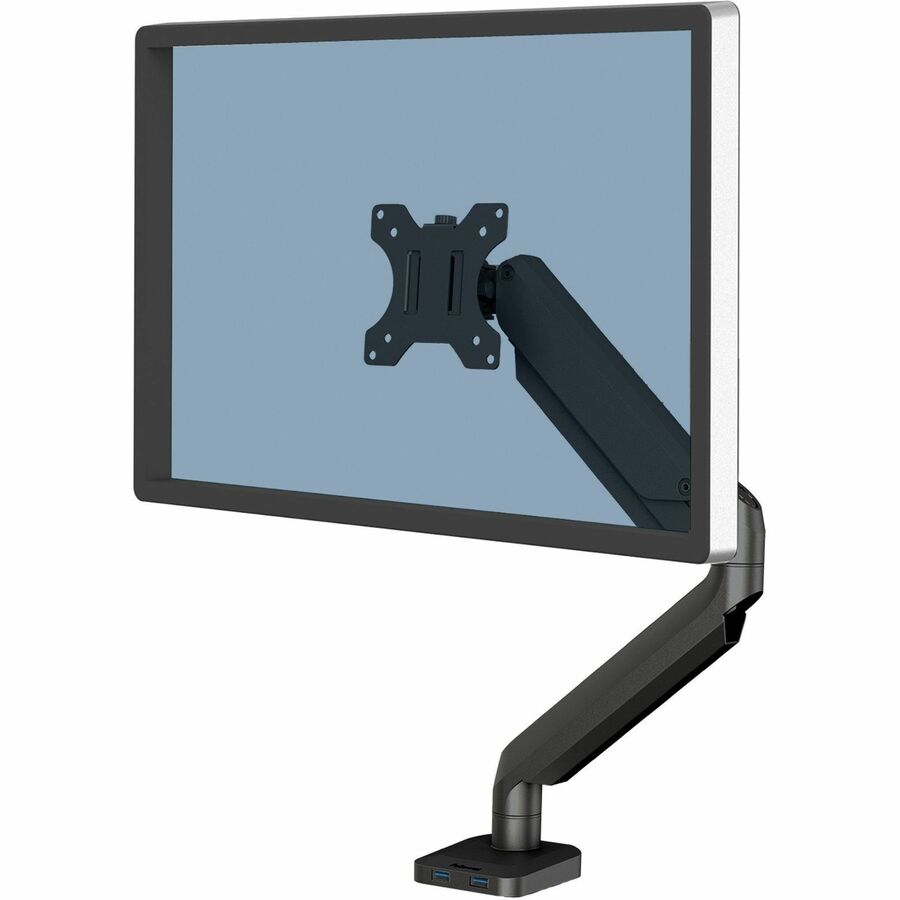 Fellowes Platinum Series High Quality Single Monitor Arm for 40-Inch Monitors, Full Motion, 360° Rotation, VESA Mount with Grommet or Clamp, USB Ports, Ergonomic, Black