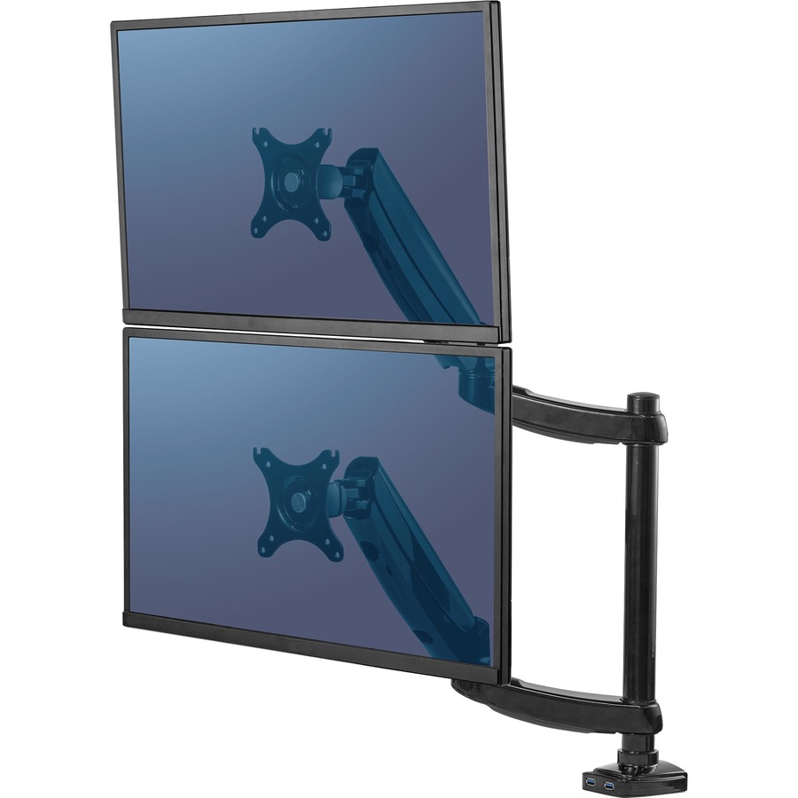 Fellowes Platinum Series High Quality Dual and Dual Stacking Monitor Arm for 27 Inch(stacking) and 32 Inch(side by side) Monitors, Full Motion, 360° Rotation, VESA Mount with Grommet or Clamp, USB Ports, Ergonomic, Black