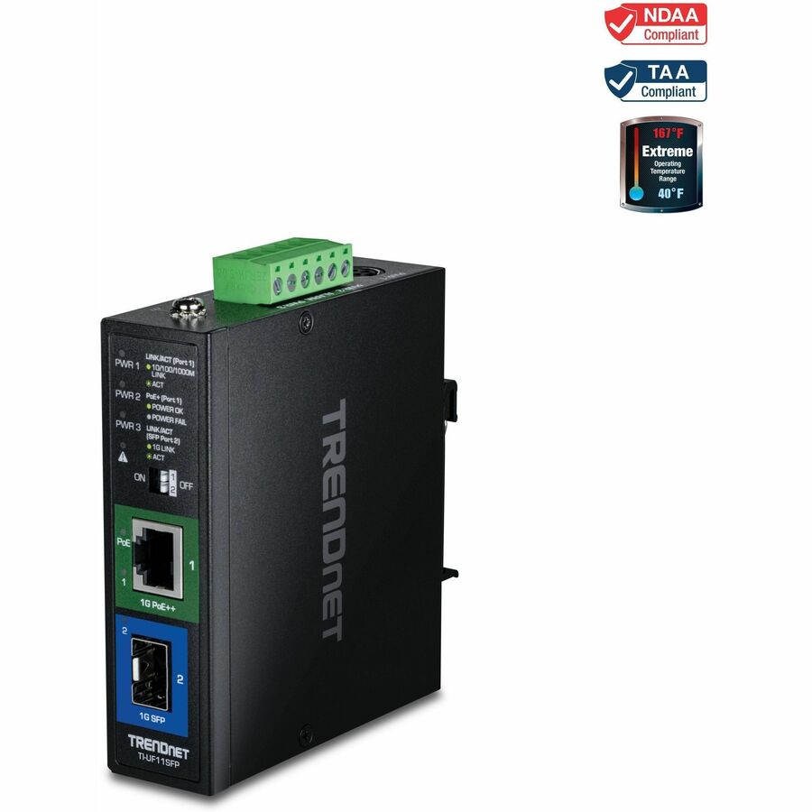 TRENDnet Hardened Industrial SFP to Gigabit UPoE Media Converter, TI-UF11SFP, Up to 95W of Power, NDAA + TAA Compliant, IP50 Rated Housing, Multi or Single Mode