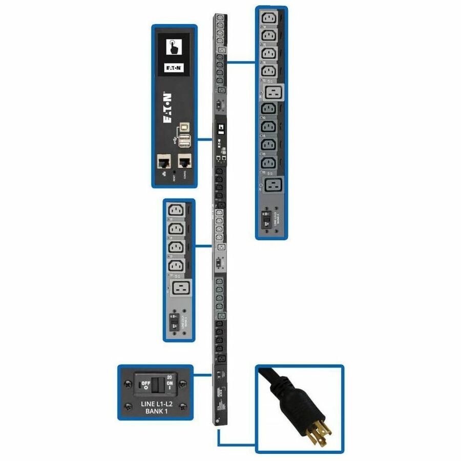 Tripp Lite by Eaton PDU 10kW 200-240V 3PH Switched PDU - LX Interface Gigabit 30 Outlets L21-30P Input LCD 3 m Cord 0U 1.8 m Height TAA