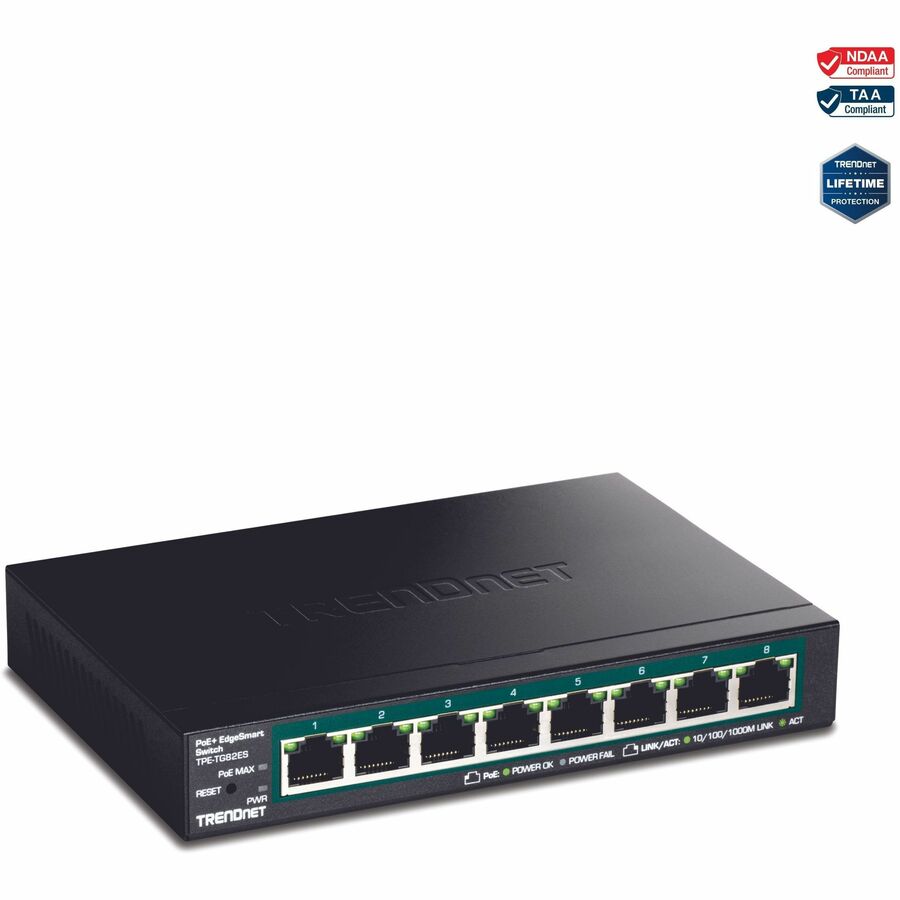 TRENDnet 8-Port Gigabit EdgeSmart PoE+ Switch, Desktop Switch, wall mountable, compact, Lifetime Protection, Black, TPE-TG82ES