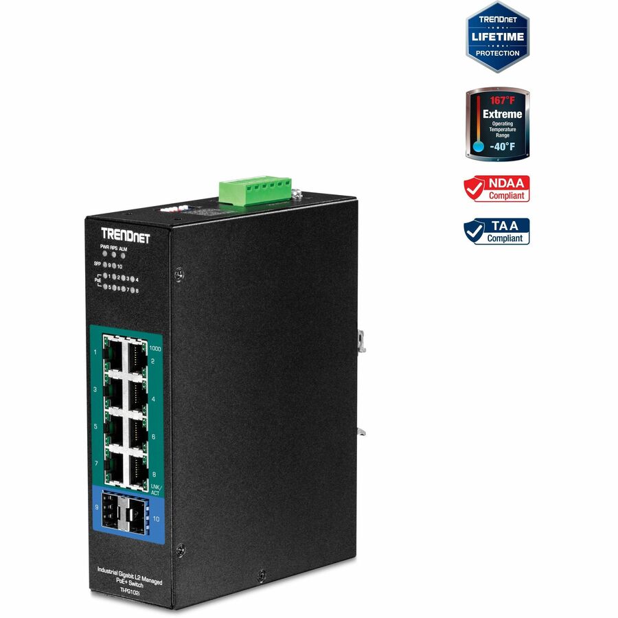 TRENDnet 10-Port Industrial Gigabit L2 Managed PoE+ DIN-Rail Switch, 8 x Gigabit PoE+ Ports, DIN-Rail Mount, 2 x SFP Slots, 2457V DC Power Input, IP40, VLAN, Lifetime Protection, Black, TI-PG102i