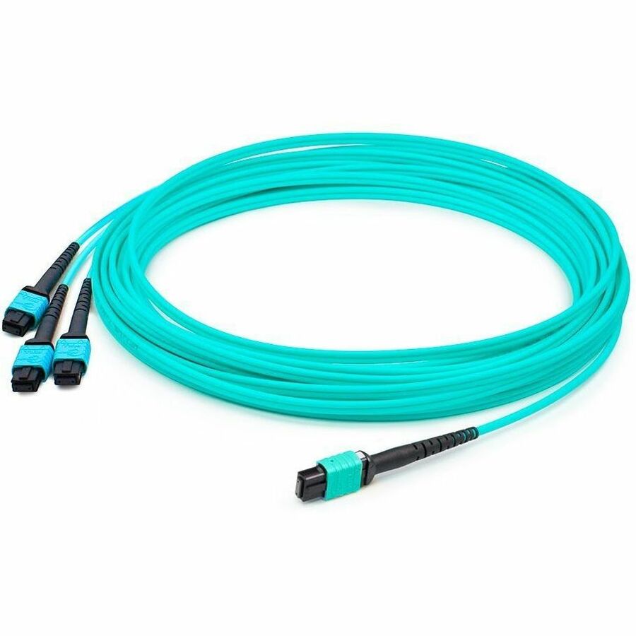AddOn 10m MPO/UPC to 3xMPO/UPC Aqua OM3 OFNR (Riser-Rated) 24-Strand Fiber Fanout Cable, MMF (Multi Mode), 50/125