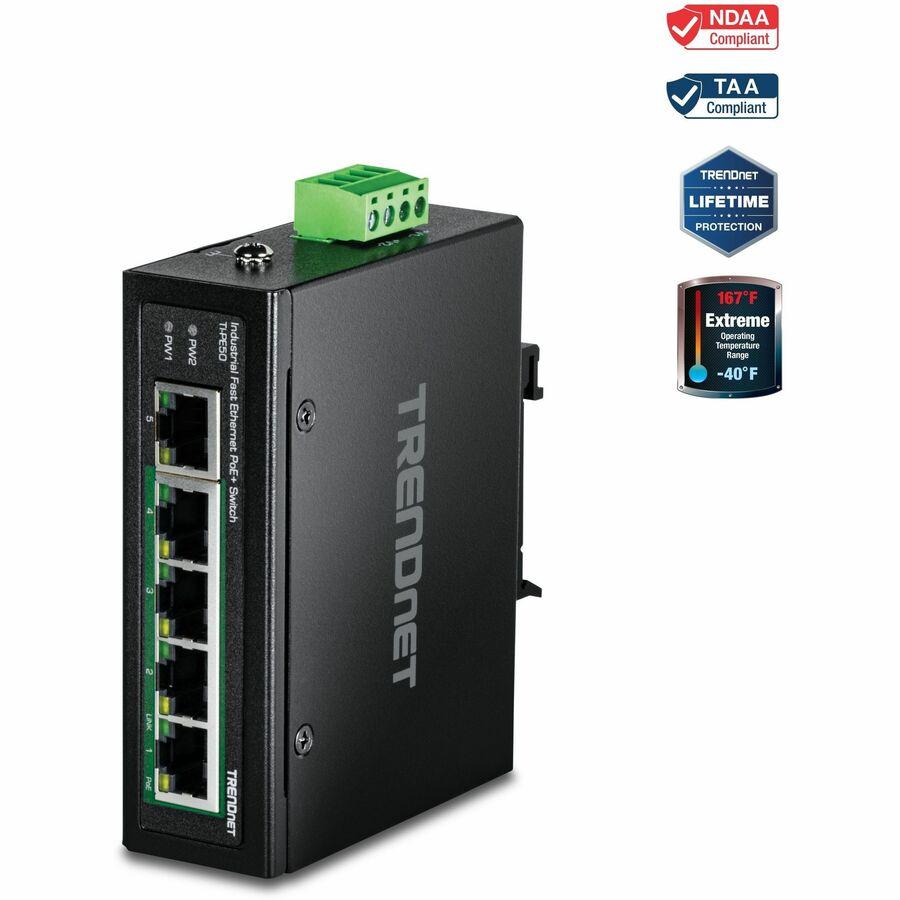 TRENDnet 5-Port Industrial Fast Ethernet DIN-Rail Switch, TI-PE50, Ethernet Splitter, NDAA & TAA Compliant, 90W, DIN-Rail, IP30 Rated, Lifetime Protection, Black