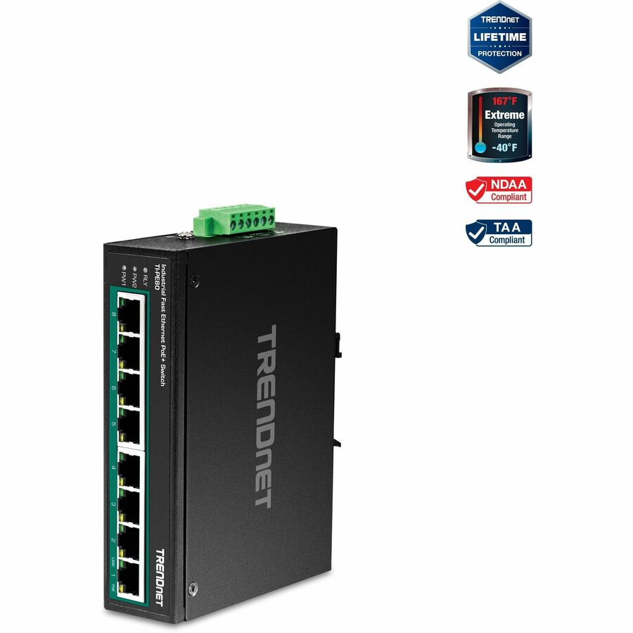 TRENDnet 8-Port Industrial Unmanaged Fast Ethernet PoE+ DIN-Rail Switch, TI-PE80, 8 x Fast Ethernet PoE+ Ports, 200W PoE Power Budget, IP50 Rated Housing, NDAA TAA Compliant, Lifetime Protection