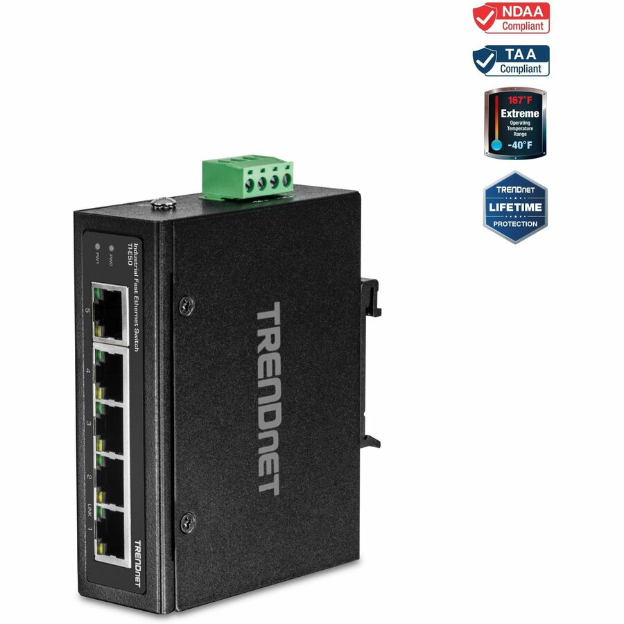 TRENDnet 5-Port Industrial Fast Ethernet DIN-Rail Switch, TI-E50, 5 x Fast Ethernet Ports, IP50 Rated, Extreme Temperature Operating Range, 1Gbps Switching Capacity, Lifetime Protection