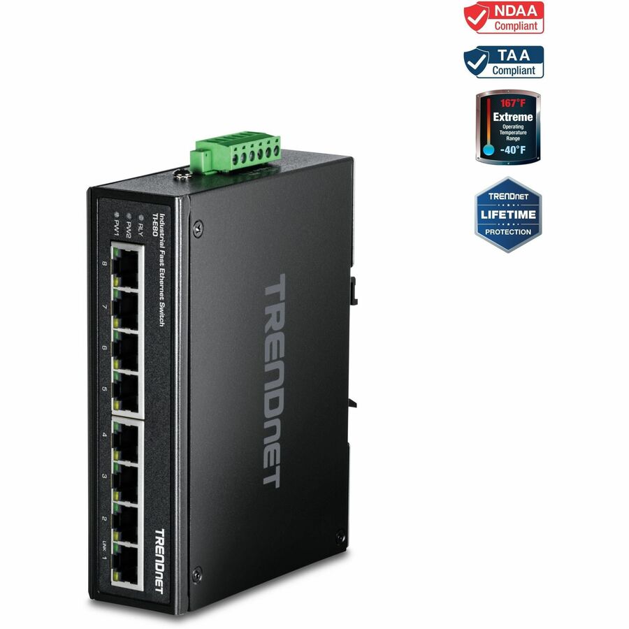 TRENDnet 8-Port Industrial Fast Ethernet DIN-Rail Switch, TIE80, 8 x Fast Ethernet Ports, IP50 Rated, Extreme Temperature Operating Range, 1.6Gbps Switching Capacity, Lifetime Protection