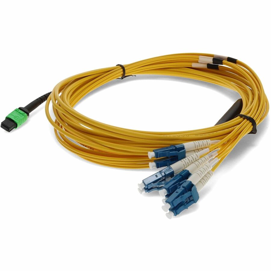 AddOn 10m MPO/APC to 4xLC/UPC Duplex Yellow OS2 OFNP (Plenum-Rated) 8-Strand SMF (Single Mode) Fiber Fanout Cable, 9/125