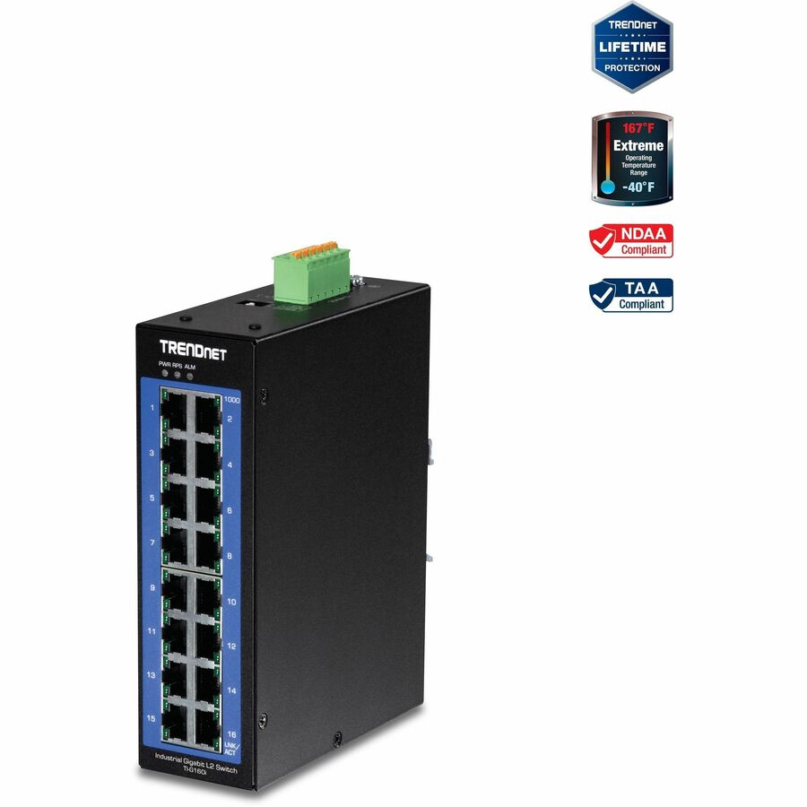 TRENDnet 16-Port Industrial Gigabit L2 Managed DIN-Rail Switch, TI-G160i, 16 x Gigabit Ports, NDAA & TAA Compliant, 32 Gbps Switching Capacity, Black