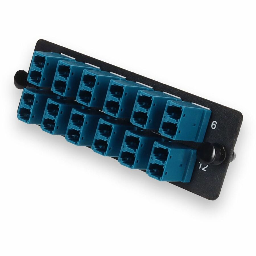 AddOn 4-Bay Panel Plate with 24-fiber 12x LC Duplex OS2 Fiber adapter panel