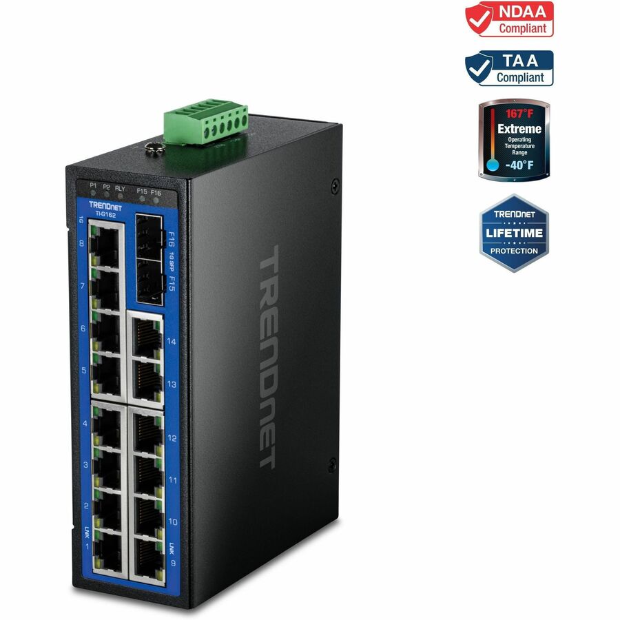 TRENDnet 16-Port Industrial Gigabit DIN-Rail Switch, TI-G162, 2 x Gigabit SFP Ports, 32Gbps Switching Capacity, Rugged IP50 Rated Housing, NDAA & TAA Compliant, Lifetime Protection