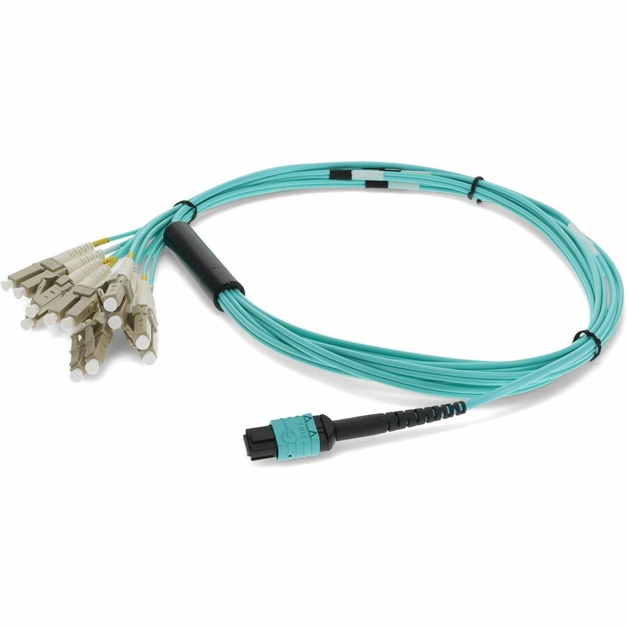 AddOn 7m MPO/UPC to 6xLC/UPC Duplex Aqua OM4 OFNR (Riser-Rated) 12-Strand Fiber Fanout Cable, MMF (Multi Mode), 50/125