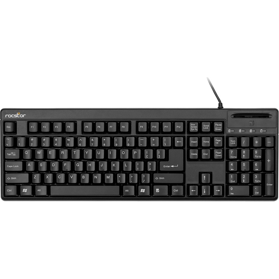 Rocstor KS20T Security USB Keyboard with Built-in Smartcard Reader - 104 Key - Common Access Card CAC Compatible - PIV Compatible - Smart Card Reader FIPS-201 Compliant - CCID Complaint - Supports ISO-7816 Class A - B and C - USB Interface - English (US) - PC - TAA Compliant - Black