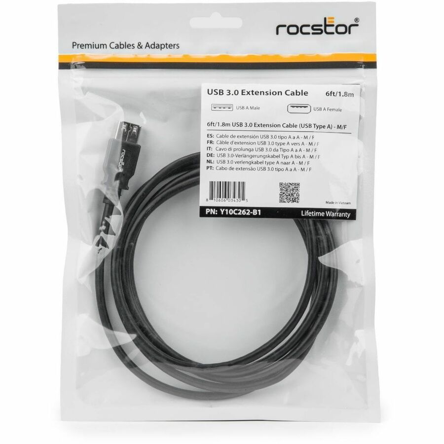 Rocstor USB Data Transfer Cable - 6 ft USB Data Transfer Cable - Type A Female USB - Type A Male USB - Extension Cable - Black - 1 6FT 1.83M F/M BLACK