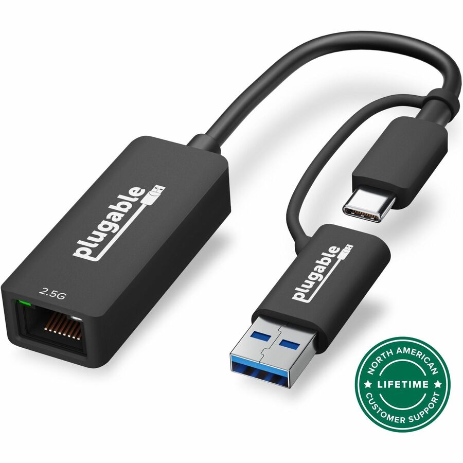 Plugable 2.5G USB-C and USB to Ethernet Adapter - Dual-Connector 2-in-1 USB-C to RJ45 2.5Gbps LAN