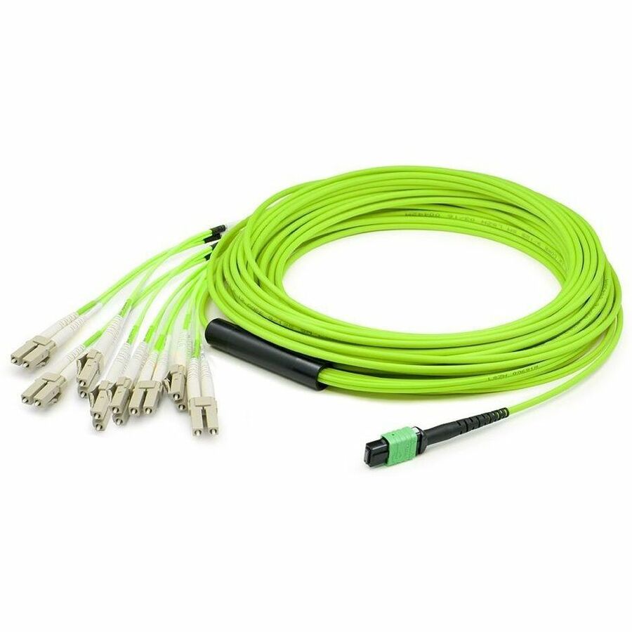AddOn 3m MPO/UPC to 8xLC/UPC Duplex Lime Green OM5 OFNR (Riser-Rated) 16-Strand Fiber Fanout Cable, MMF (Multi Mode), 50/125