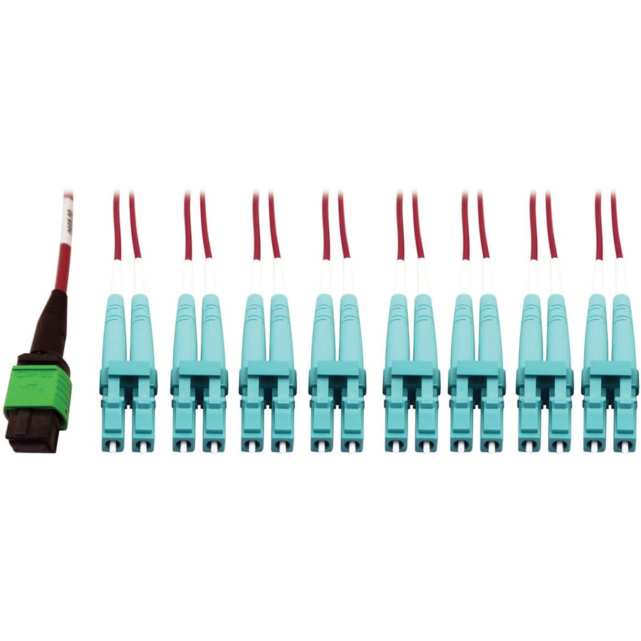 Tripp Lite by Eaton 400G Multimode 50/125 OM4 Plenum Fiber Optic Breakout Cable 16F MTP/MPO-APC to (x4) LC Duplex (F/M) Magenta 5 m