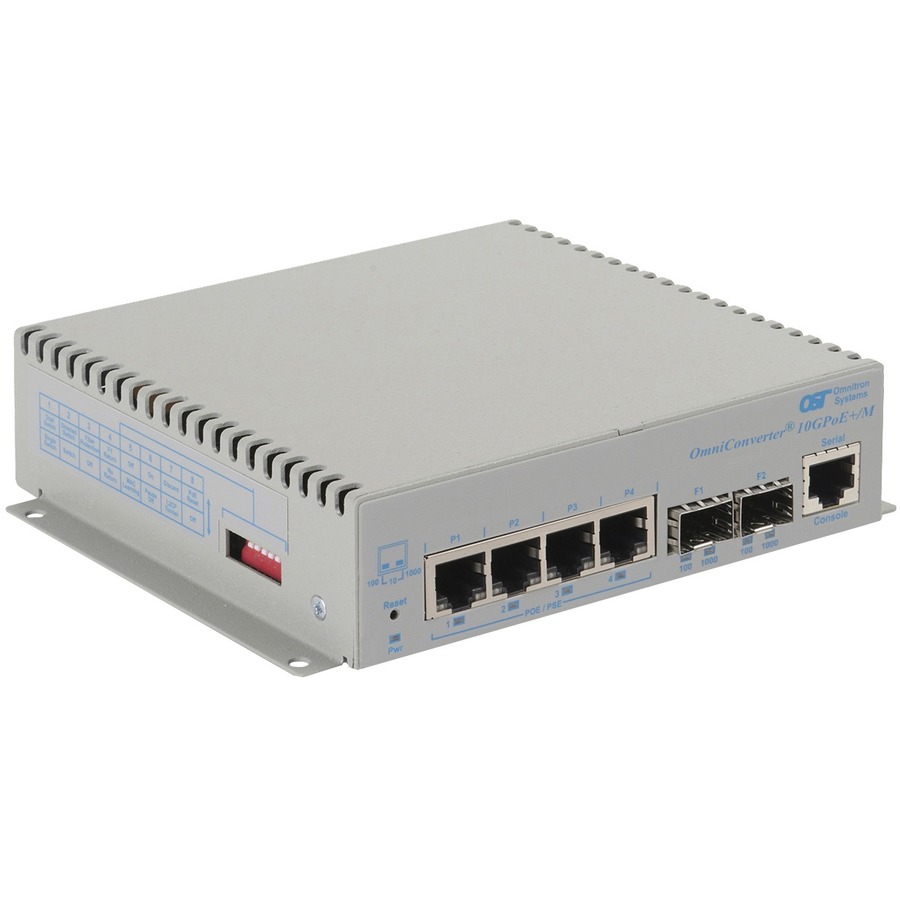 Omnitron Systems OmniConverter 10GPoE+/M PoE+, 2xSFP/SFP+, 4xRJ-45, 1xAC Powered Wide Temp