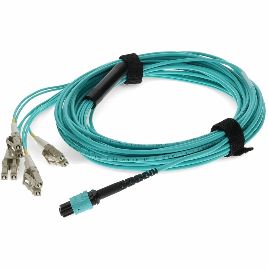 AddOn 7m MPO/UPC to 4xLC/UPC Duplex Aqua OM4 OFNP (Plenum-Rated) 8-Strand Fiber Fanout Cable, MMF (Multi Mode), 50/125