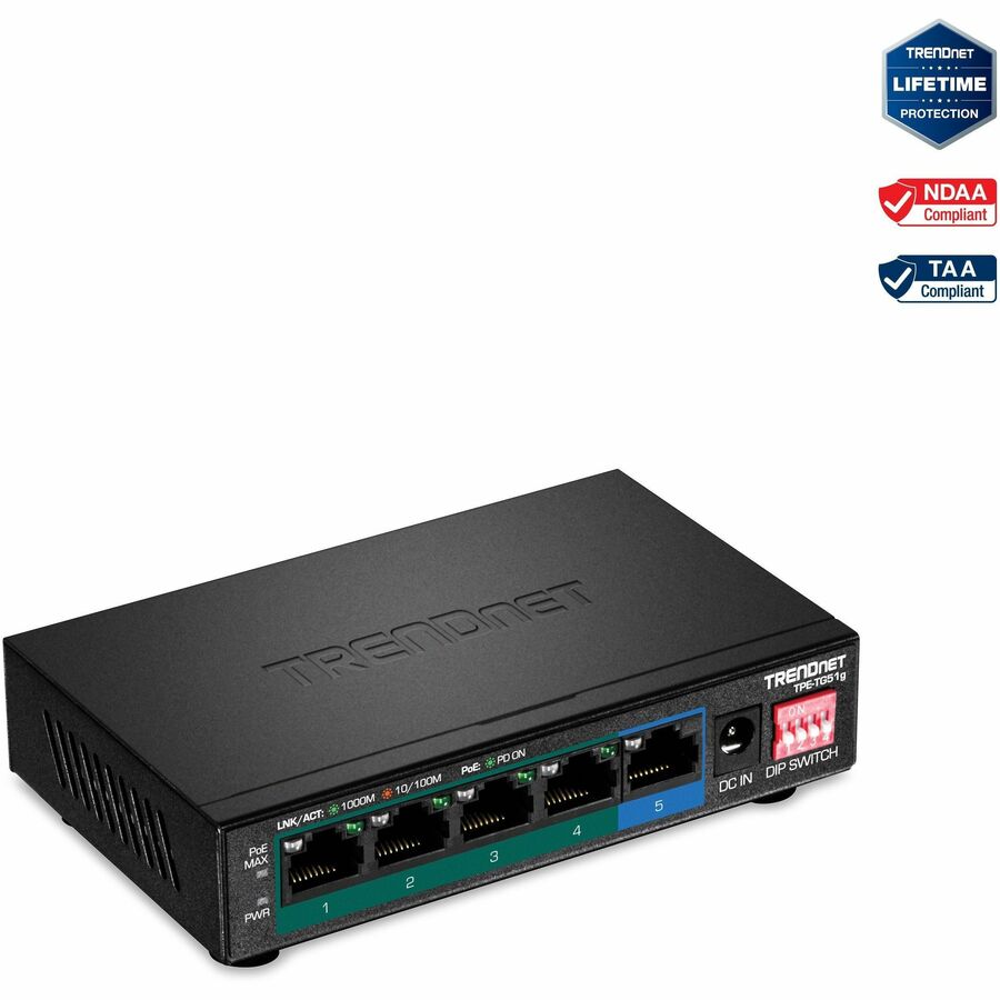 TRENDnet 5-Port Gigabit PoE+ Switch, Camera DIP Switch extends PoE+ 200m (656 ft.), 60W PoE Budget, Lifetime Protection, Black, TPE-TG51g