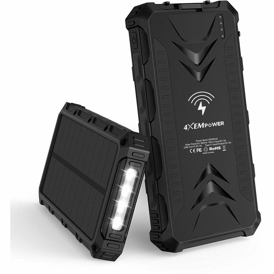 4XEM 20,000 maH Mobile Solar Power Bank and Charger (Black)