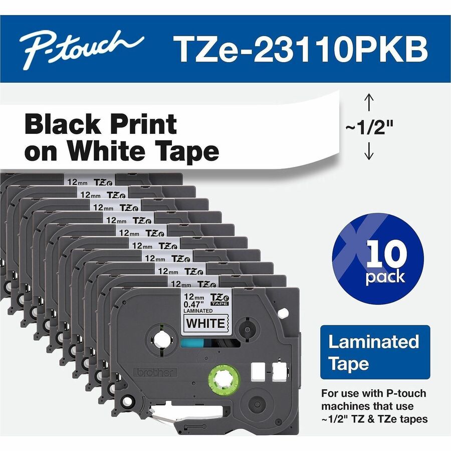 Brother® P-Touch Label Maker Tape, Black/White, Pack Of 10 Rolls