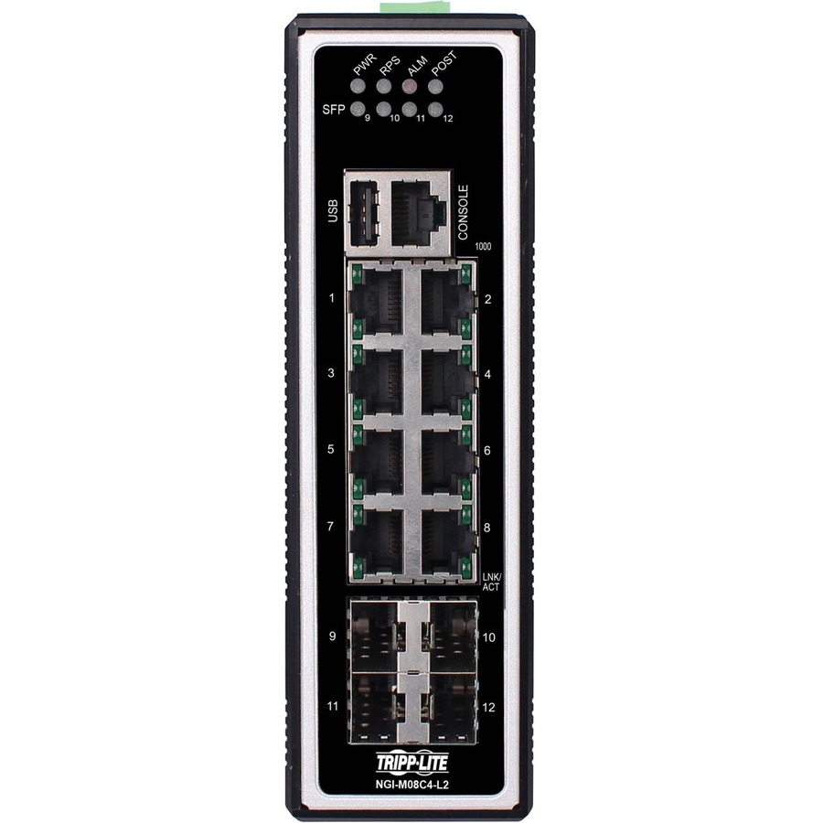 Eaton Tripp Lite Series 8-Port Managed Industrial Gigabit Ethernet Switch - Layer 2, 10/100/1000 Mbps, 4 GbE SFP Ports, -40° to 75°C, DIN Mount, TAA