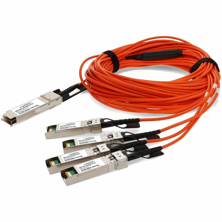 AddOn MSA and TAA Compliant 40GBase-AOC QSFP+ to 4xSFP+ Orange Active Optical Cable (850nm, MMF, 20m)