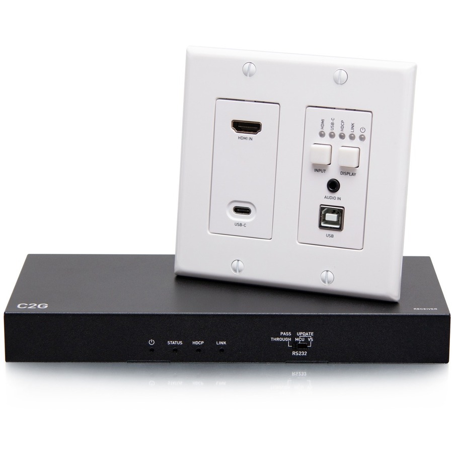 C2G HDMI HDBaseT + USB-C, 3.5mm, and USB-B to A over Cat Extender Wall Plate Transmitter to Box Receiver - 4K 60Hz
