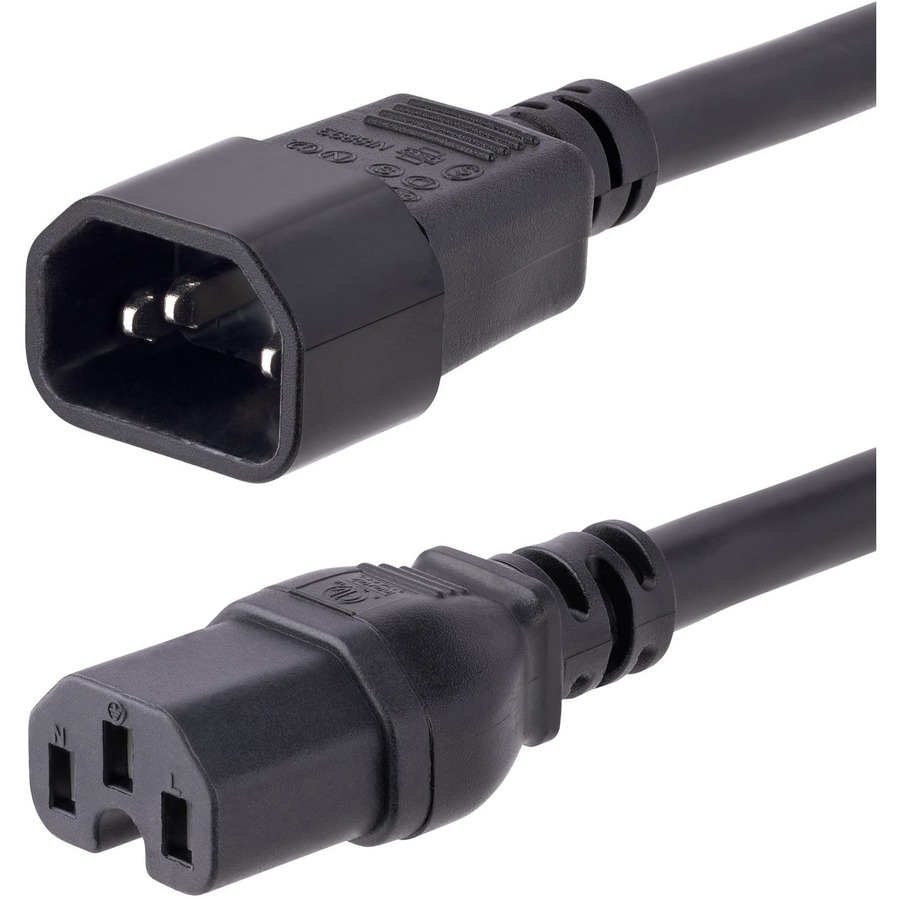 StarTech 10ft (3m) Heavy Duty Extension Cord, IEC C14 to IEC C15 Black Extension Cord, 15A 125V, 14AWG, Heavy Gauge Power Cable