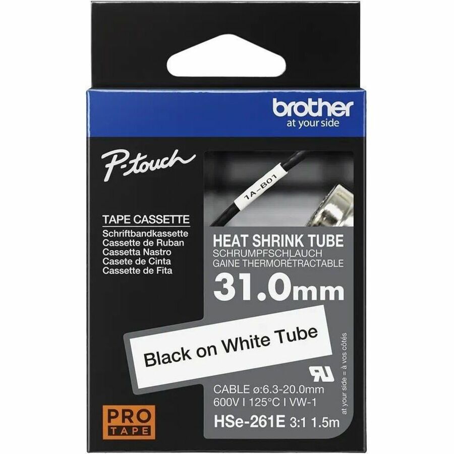 Brother HSe-261E Black on White Heat Shrink Tube Tape, 31 mm (1.22 in.) - 59/64" (23.60 mm) Width x 59 1/16" (1500 mm) Length x 25/32" (20 mm) Diameter - Rectangle - Black on White - 1 Each