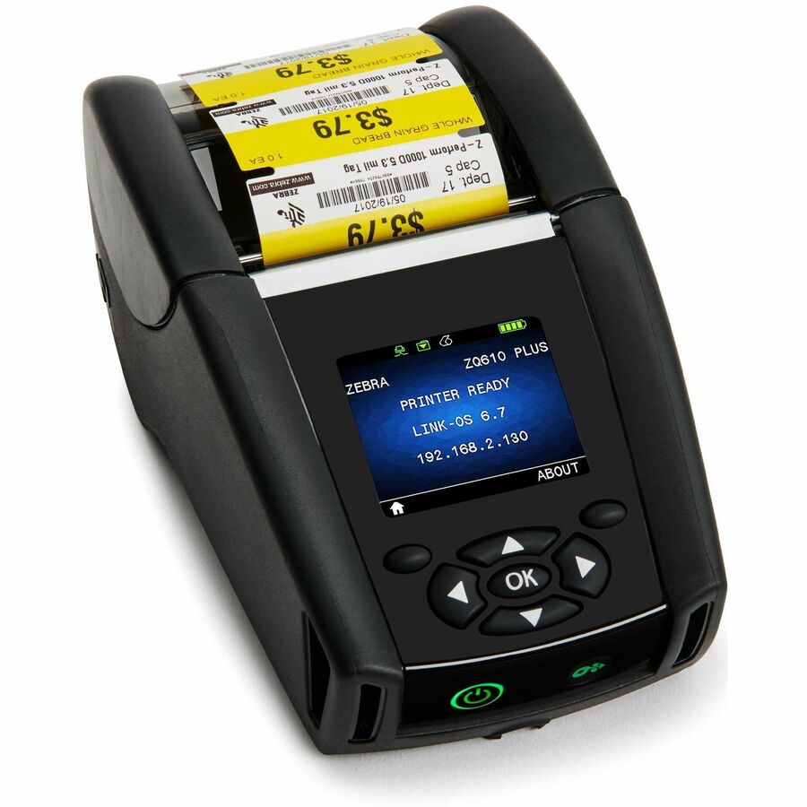 Zebra ZQ610 Plus Healthcare, Retail, Manufacturing, Warehouse, Transportation & Logistic, Mobile Direct Thermal Printer - Monochrome - Label/Receipt Print - Fast Ethernet - USB - USB Host - Bluetooth 4.2 - IEEE 802.11ac Wireless LAN - Battery Included - With Cutter