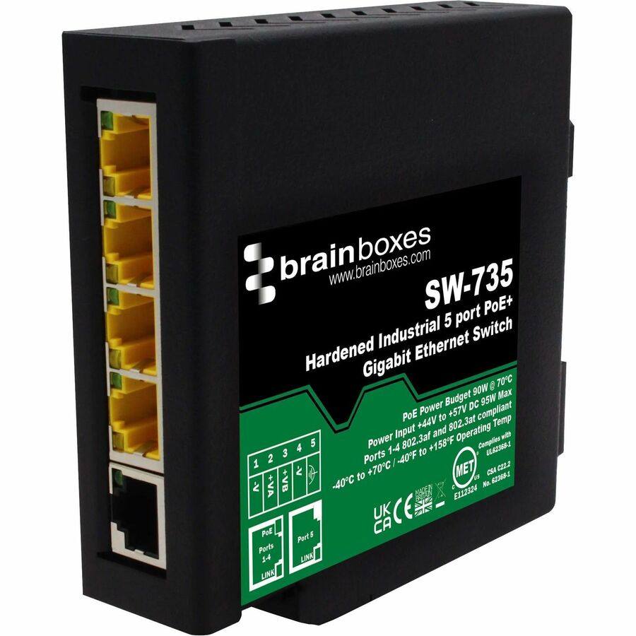 Brainboxes Hardened Industrial 5 Port PoE+ Gigabit Ethernet Switch