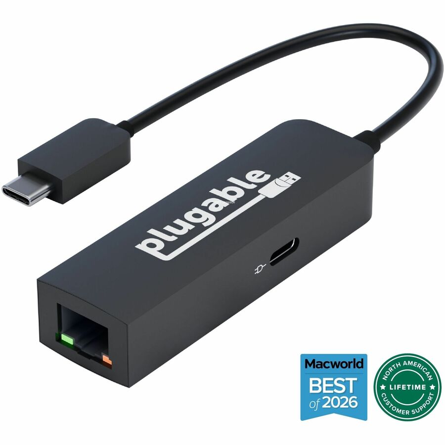 Plugable USB C to Ethernet Adapter 2.5Gb with 100W USB-C PD Charging, 2.5 Gigabit Type C USB Ethernet Adapter