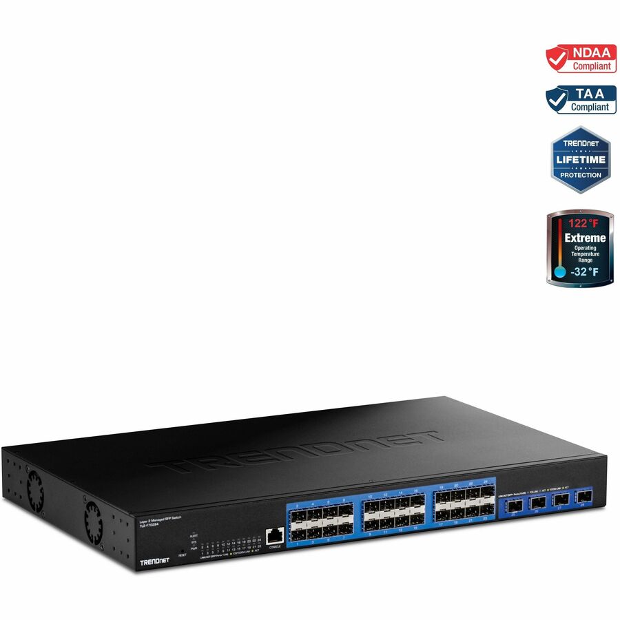 TRENDnet 28-Port Layer 2 Managed SFP Switch with 10G SFP+ Ports, TL2-F70284, 24 x Gigabit SFP Ports, 4 x 10G SFP+ Ports, Web Based Management, 128Gbps Switching Capacity, Lifetime Protection, Black
