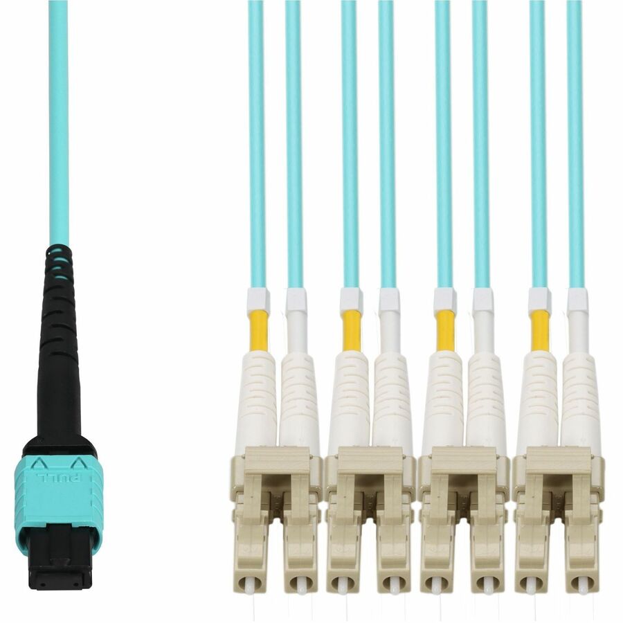AddOn 9m MPO/UPC to 4xLC/UPC Duplex Aqua OM4 OFNP (Plenum-Rated) 8-Strand Fiber Fanout Cable, MMF (Multi Mode), 50/125