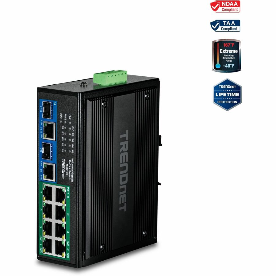TRENDnet 10-Port Industrial Gigabit 400W PoE++ DIN-Rail Switch, TI-BG108, 8 x Gigabit PoE++ Ports, 2 x Gigabit Shared Ports (RJ-45 / SFP), 20Gbps, 400W, Lifetime Protection