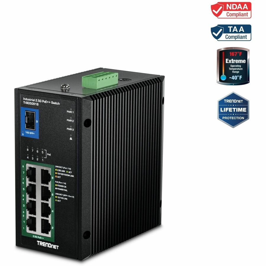 TRENDnet 9-Port Industrial 2.5G DIN-Rail PoE++ Switch with 10G SFP+ Port (24 - 57V), TI BG5091B, 8 x 2.5G PoE++ Ports, 1 x 10G SFP+ Port, 480W PoE, 60Gbps Switch Capacity, Black