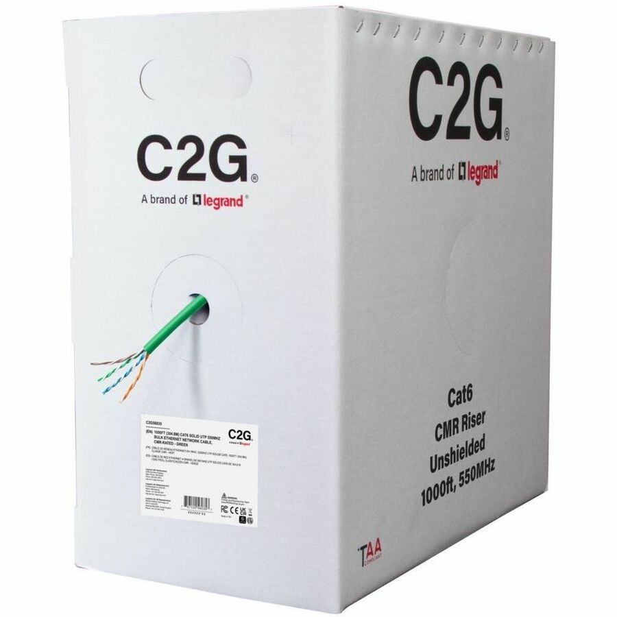 C2G 1000ft (304.8m) TAA-Compliant Cat6 Unshielded (UTP) Ethernet Cable with Solid Conductors-Riser CMR-Rated - Green
