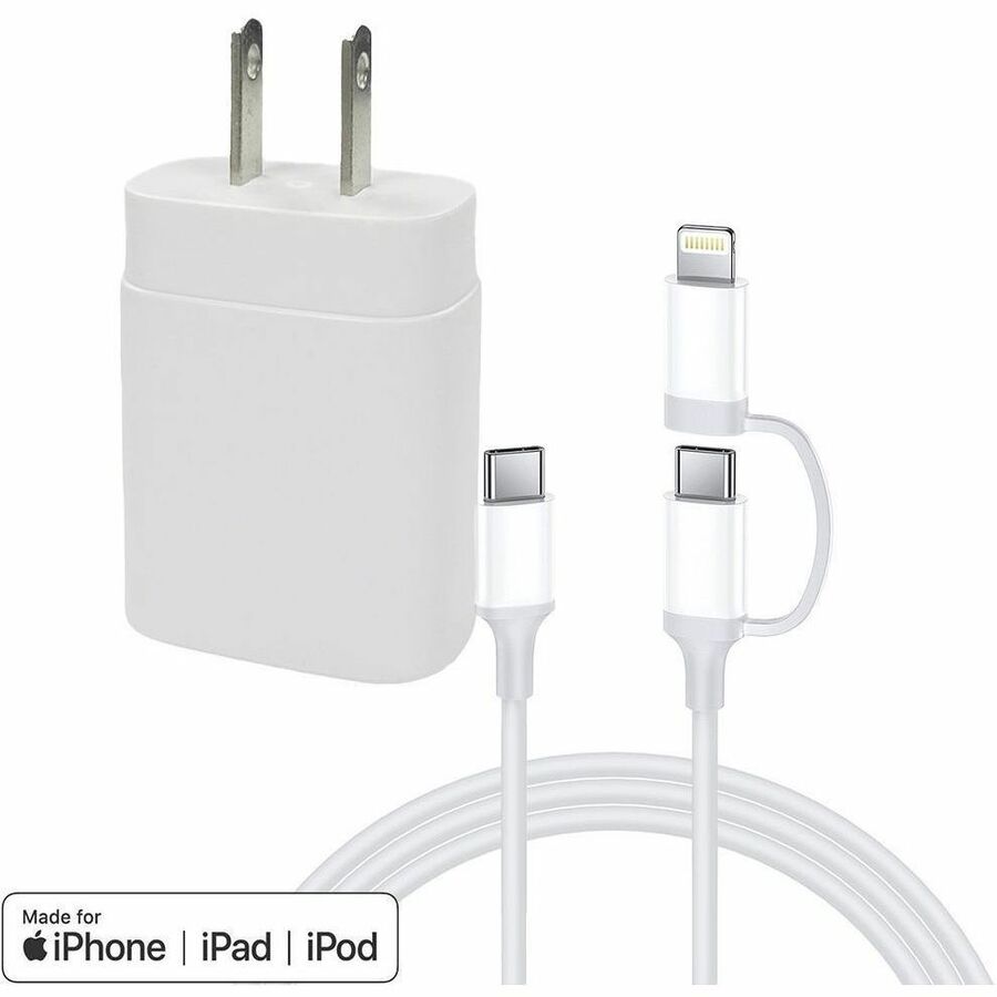 4XEM 25W USB-C PD Wall Charger Kit with 3ft USB-C to USB-C Cable & Lightning Adapter, MFi Certified, White